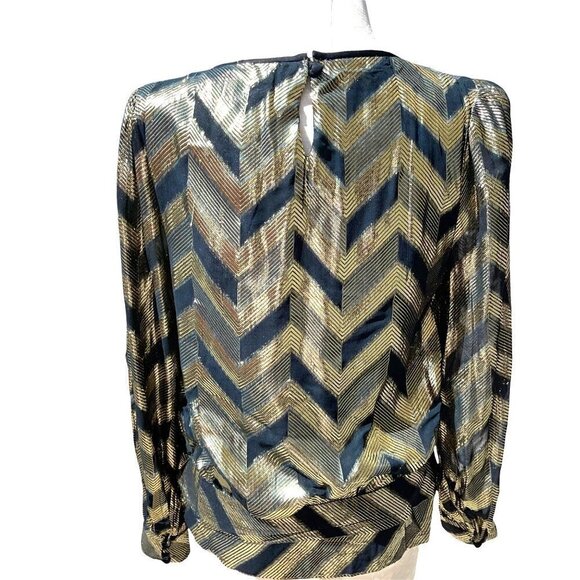 Rimini Top Womens Vintage Rayon Metallic Zig Zag Pattern Side Snap Gold Black - Picture 2 of 12